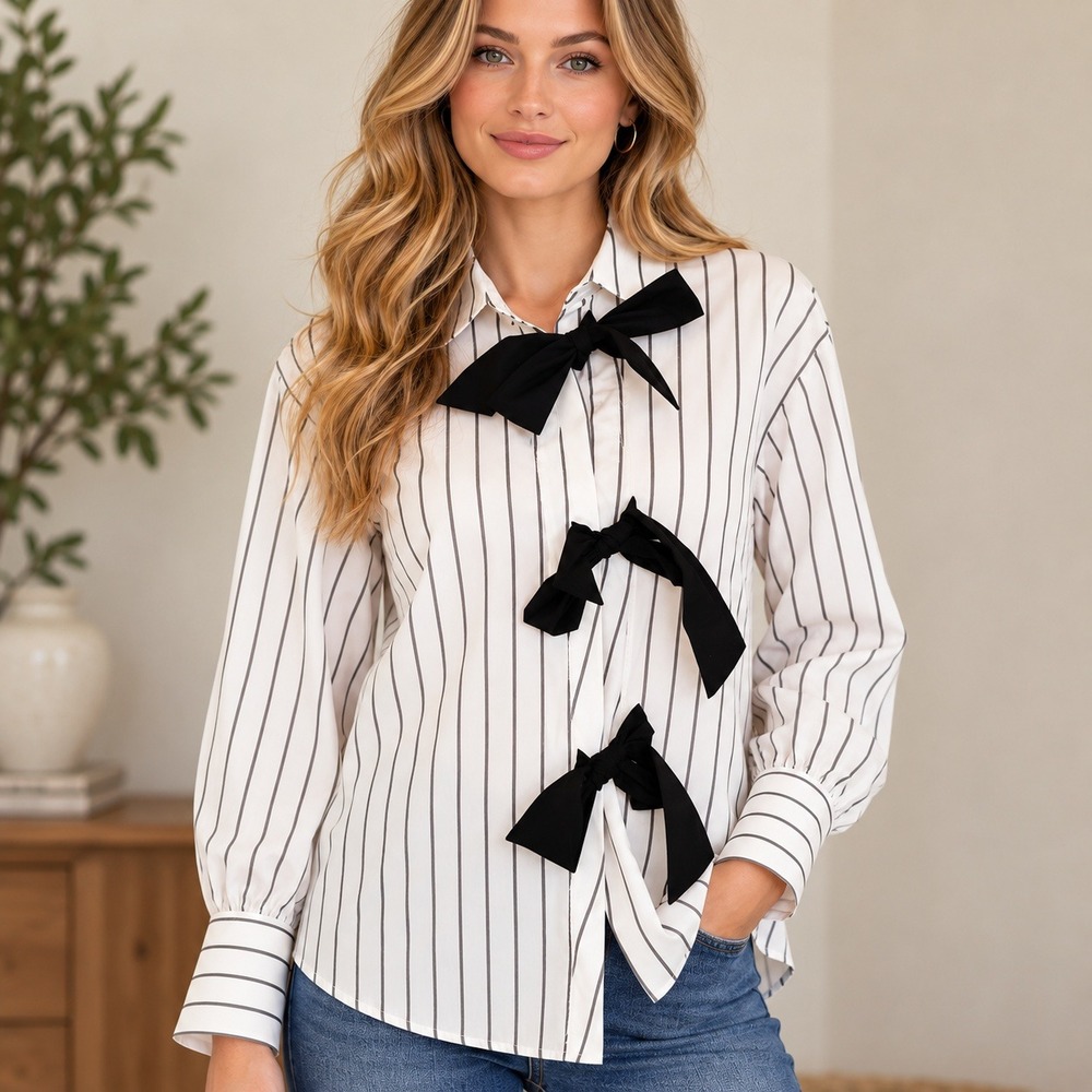 ASOS DESIGN Striped Bow Tie Front Cotton Blouse White Gray Size 4